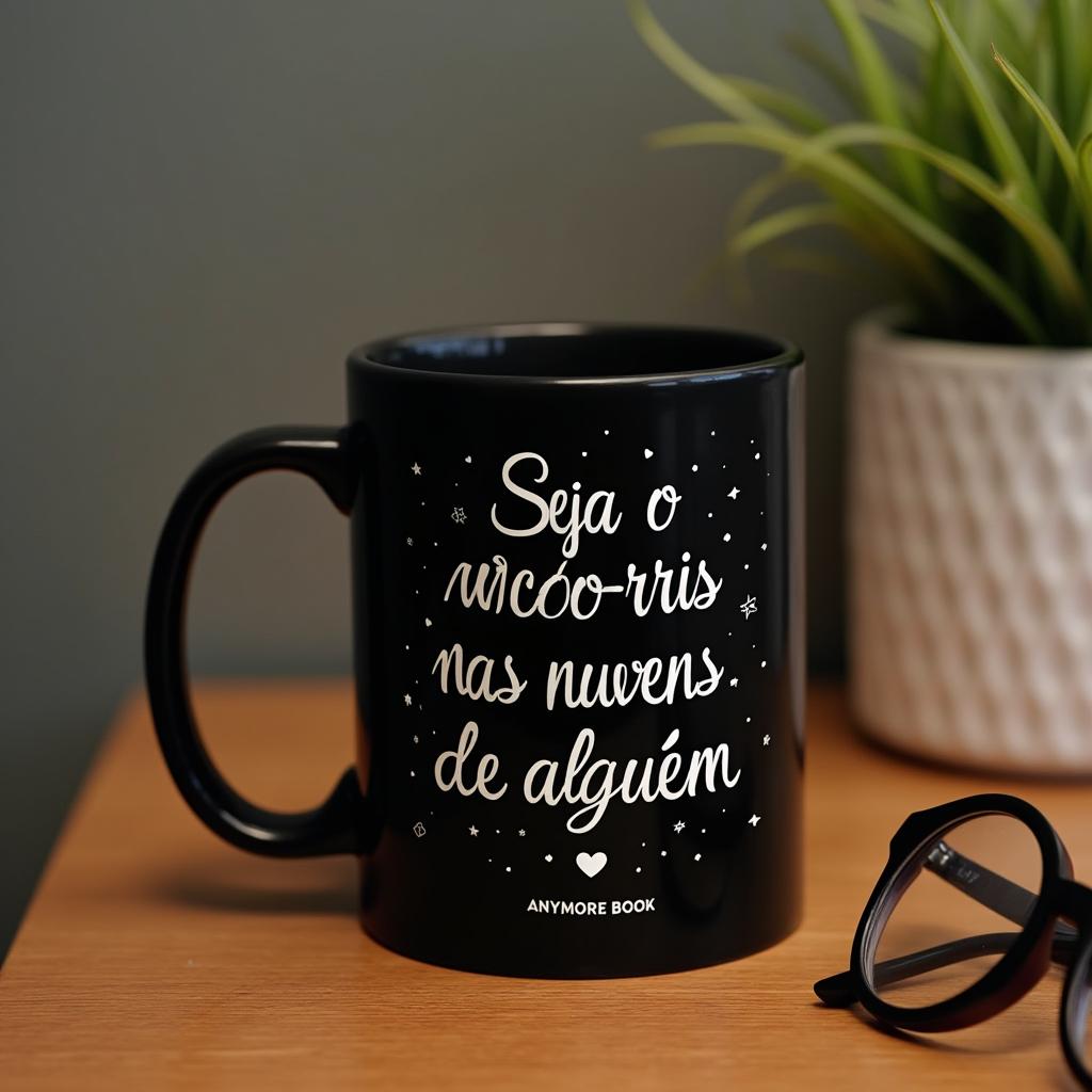 A merchandising setup featuring a black mug with the phrase 'Seja o arco-iris nas nuvens de alguém' and 'ANYMORE BOOK' in beautiful white lettering