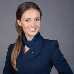 Transform the given image of a person into a professional looking flight attendant, wearing a dark blue uniform, a stylish neck scarf, and a cheerful expression.