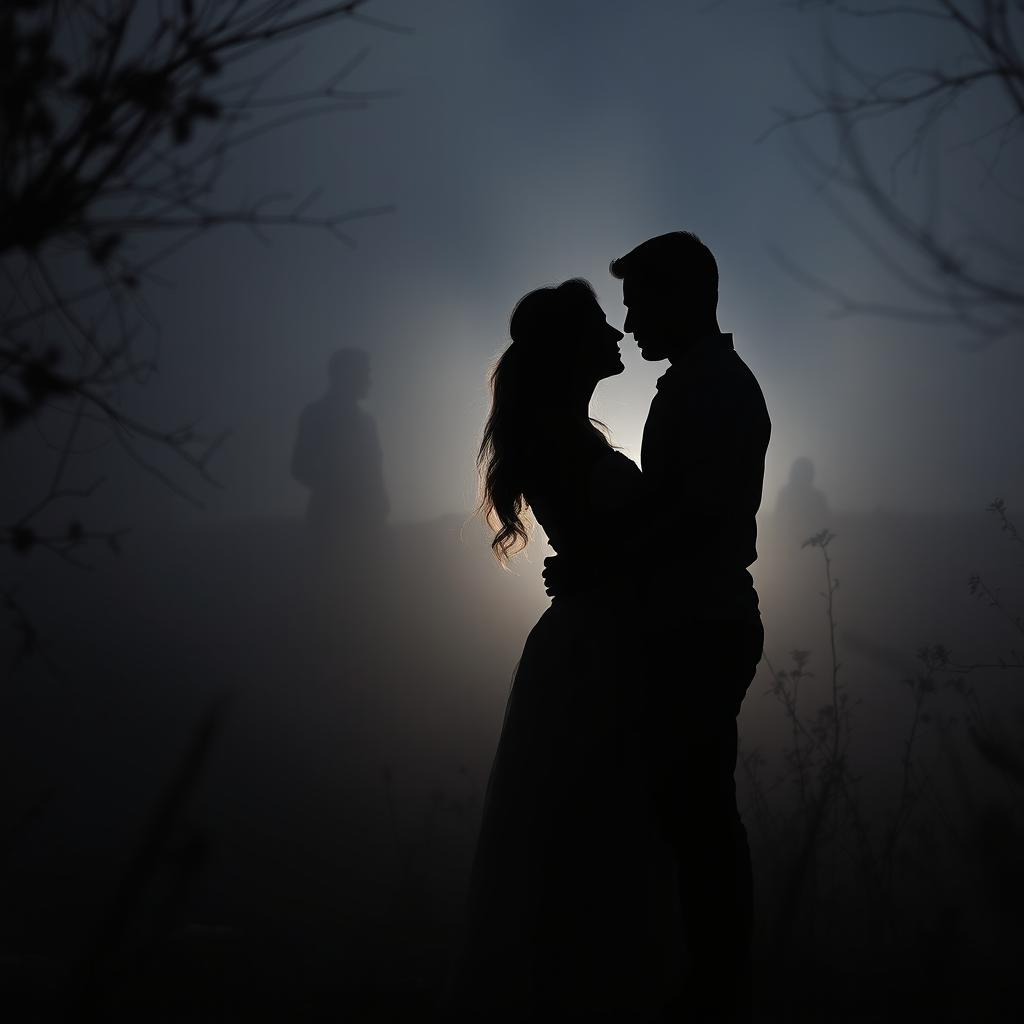 A romantic couple embracing in a mysterious landscape