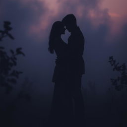 A romantic couple embracing in a mysterious landscape