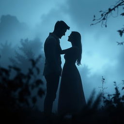 A romantic couple embracing in a mysterious landscape