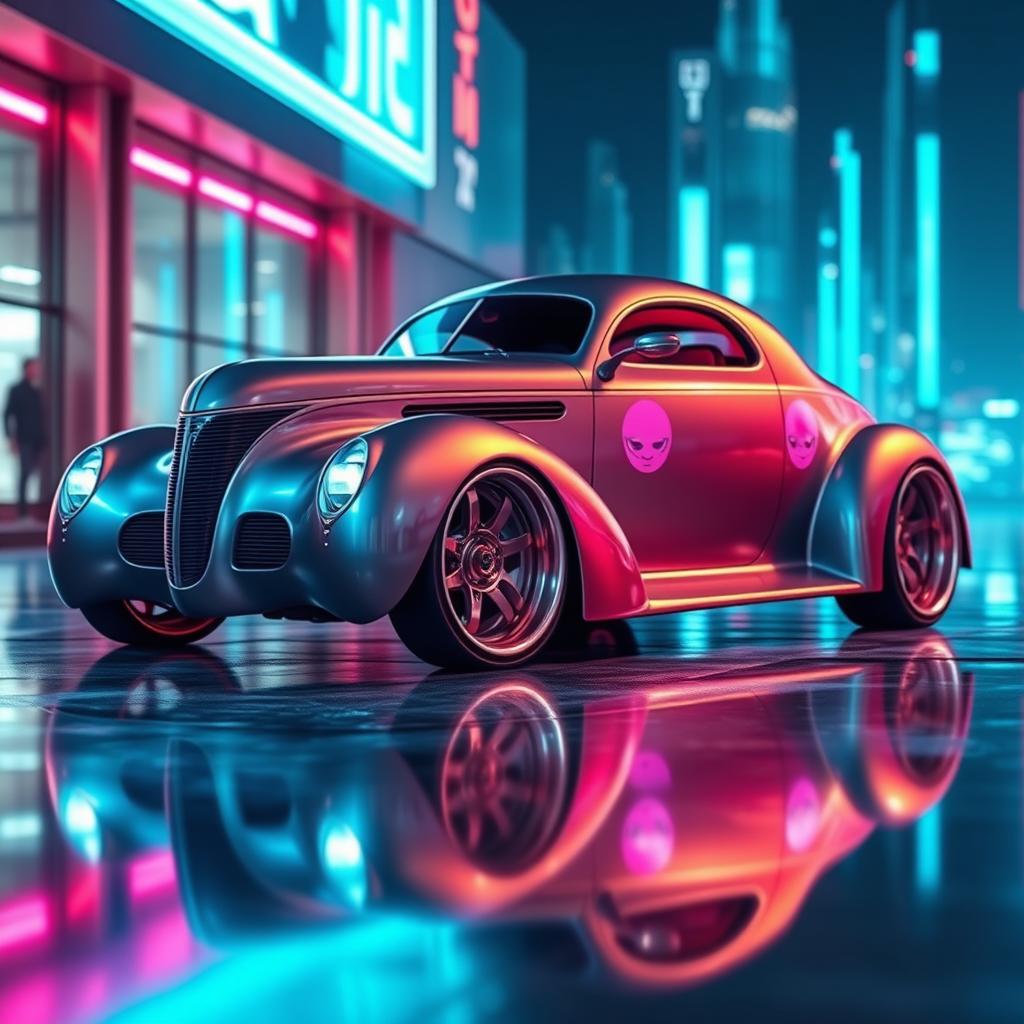 A futuristic reinterpretation of a 1939 Chevrolet Coupe with a widebody design and large, tall wheels