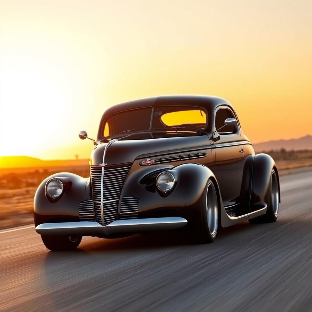 A striking 1939 Chevrolet Coupe transformed into a supercar with a widebody design, featuring big, tall wheels