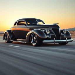 A striking 1939 Chevrolet Coupe transformed into a supercar with a widebody design, featuring big, tall wheels