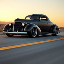 A striking 1939 Chevrolet Coupe transformed into a supercar with a widebody design, featuring big, tall wheels