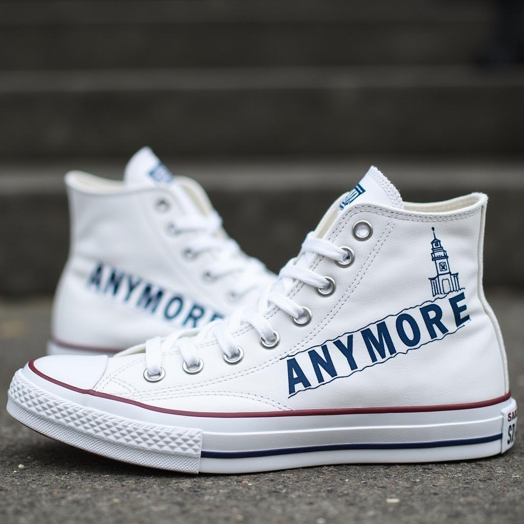 White sneakers in a style similar to All Star, featuring the word 'ANIMORE' on the side