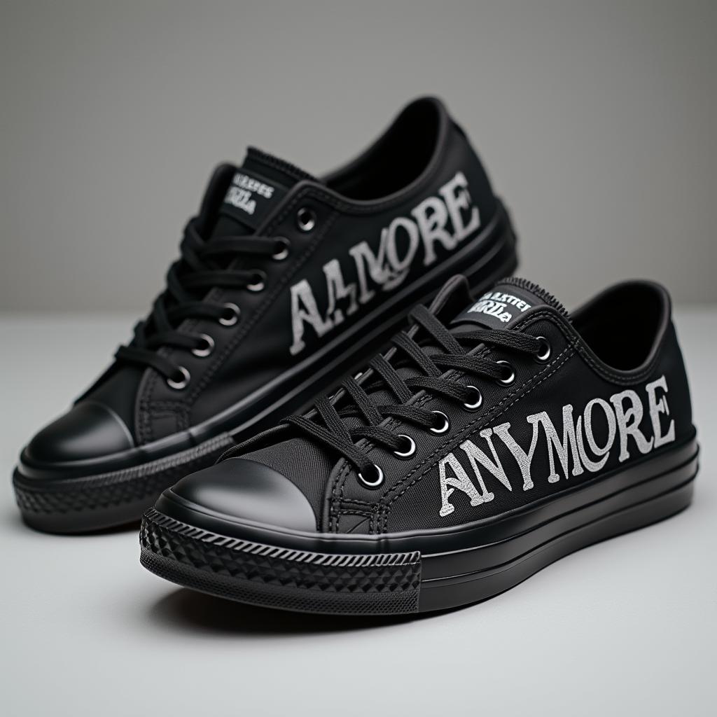 Design a pair of black sneakers in the style of All Star, featuring the word 'ANYMORE' in beautiful, artistic letters