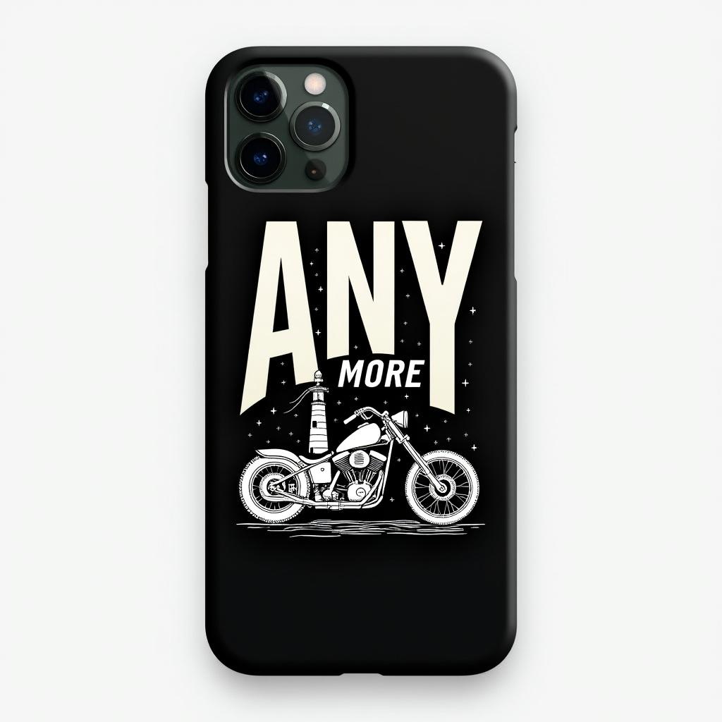 Design of a sleek black iPhone case featuring the word 'ANY' in bold white letters, with 'MORE' elegantly positioned underneath