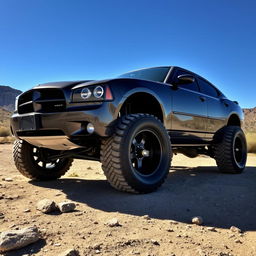A 2007 Dodge Charger modified with giant wheel flares and a 4x4 lift kit