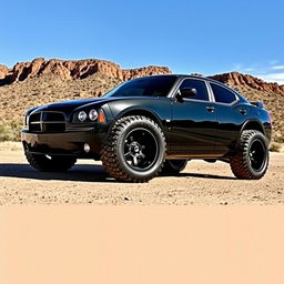 A 2007 Dodge Charger modified with giant wheel flares and a 4x4 lift kit