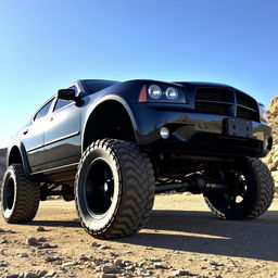 A 2007 Dodge Charger modified with giant wheel flares and a 4x4 lift kit