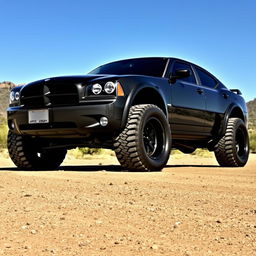 A 2007 Dodge Charger modified with giant wheel flares and a 4x4 lift kit