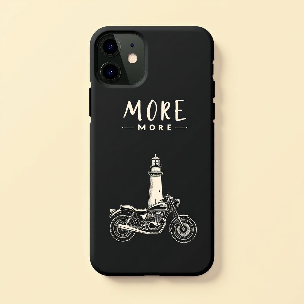 A stylish iPhone case design featuring a black background with the word 'ANY' in white letters at the top, and 'MORE' beneath it