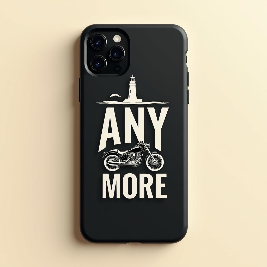 A design concept for a black iPhone case featuring the words 'ANY' and beneath it 'MORE' in bold white letters