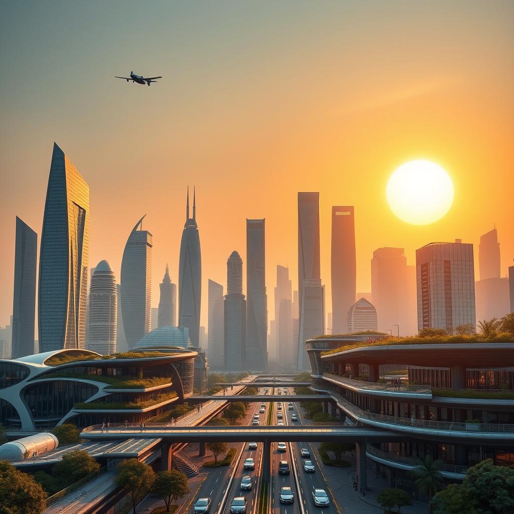 A futuristic and innovative cityscape skyline at sunset, showcasing sleek, modern skyscrapers with an emphasis on eco-friendly designs and rooftop gardens