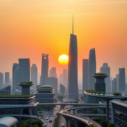 A futuristic and innovative cityscape skyline at sunset, showcasing sleek, modern skyscrapers with an emphasis on eco-friendly designs and rooftop gardens