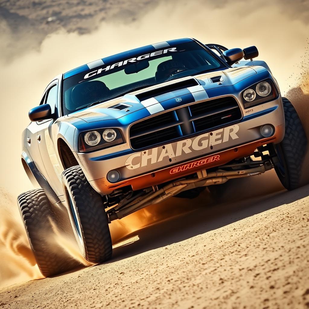 A rugged 2008 Dodge Charger modified for Baja racing