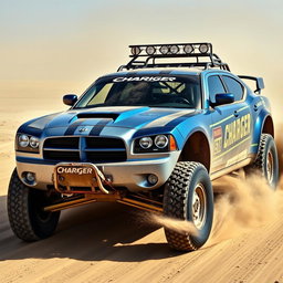 A rugged 2008 Dodge Charger modified for Baja racing