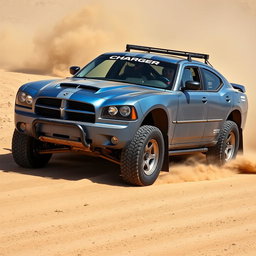 A rugged 2008 Dodge Charger modified for Baja racing