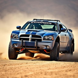 A rugged 2008 Dodge Charger modified for Baja racing