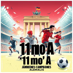 Un póster moderno y cool para la promoción del 11mo A, destacando a los jóvenes de Alemania en el campeonato de fútbol