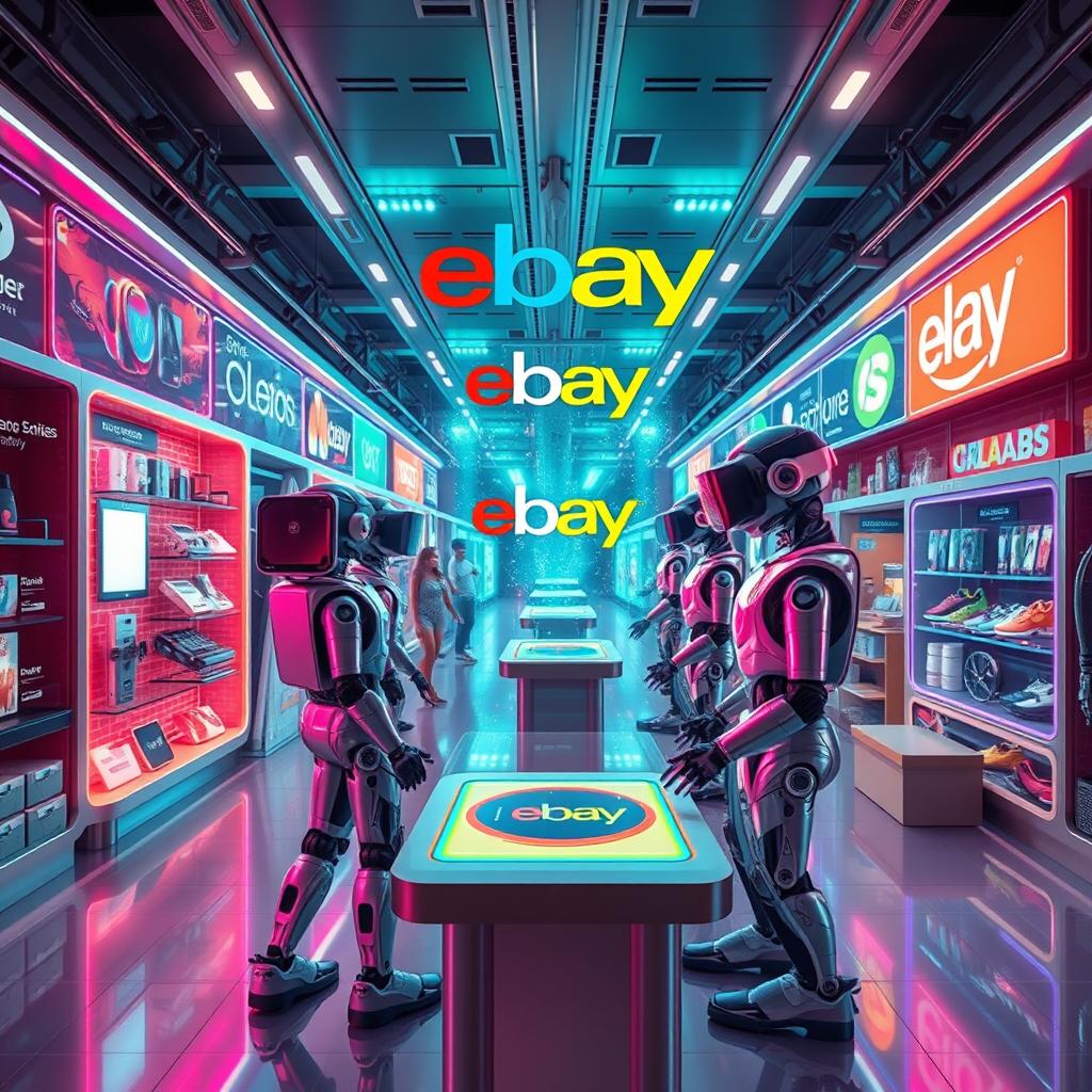 A futuristic representation of eBay's technology evolution, showcasing advanced digital marketplaces with virtual reality integration