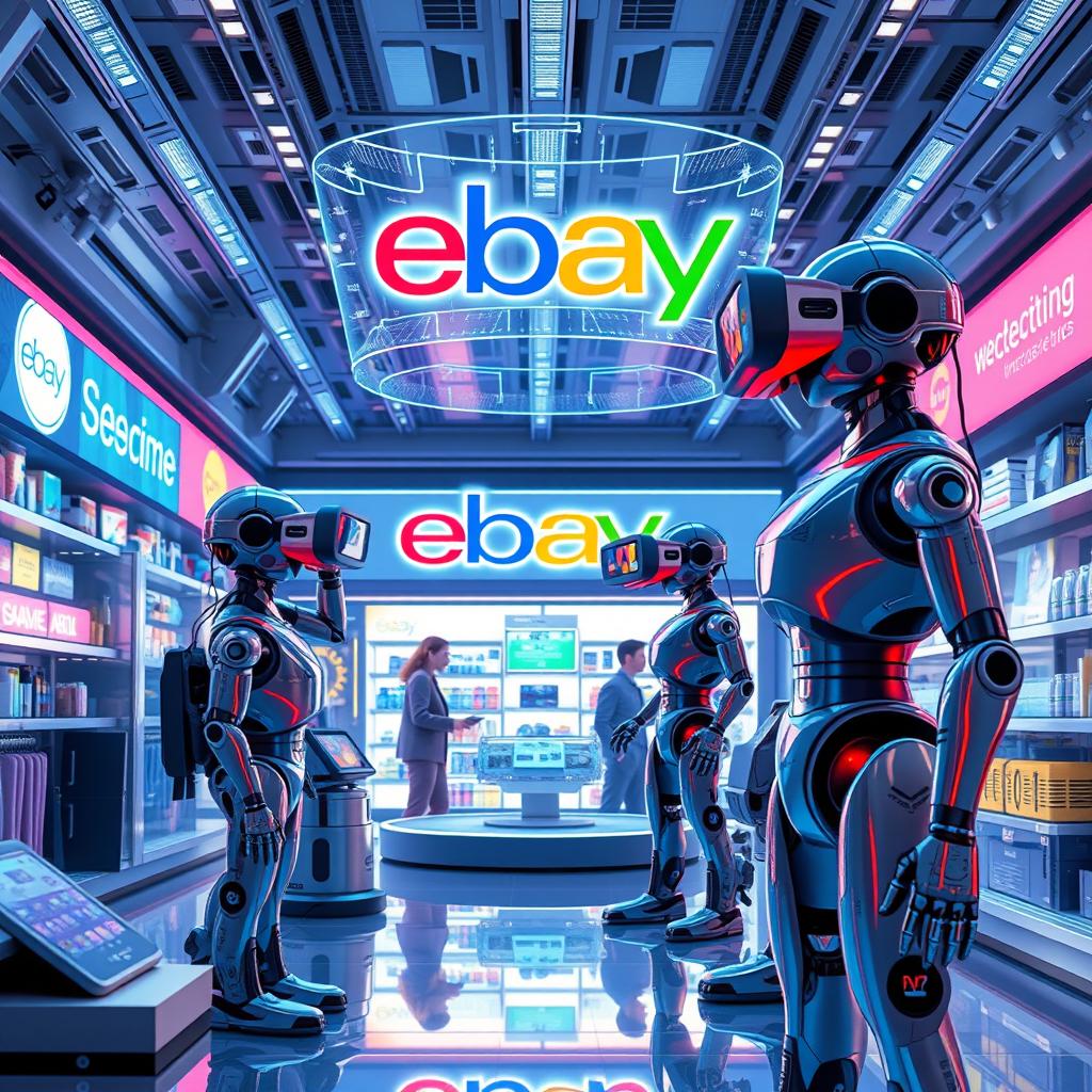 A futuristic representation of eBay's technology evolution, showcasing advanced digital marketplaces with virtual reality integration