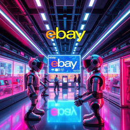 A futuristic representation of eBay's technology evolution, showcasing advanced digital marketplaces with virtual reality integration