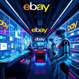 A futuristic representation of eBay's technology evolution, showcasing advanced digital marketplaces with virtual reality integration