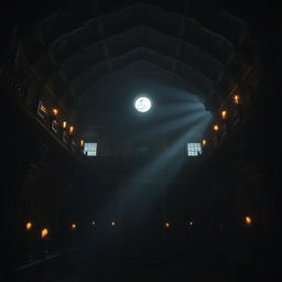 An eerie view inside an ancient Newari temple with intricate traditional architecture, showcasing elaborate wood carvings and stone sculptures