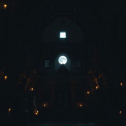 An eerie view inside an ancient Newari temple with intricate traditional architecture, showcasing elaborate wood carvings and stone sculptures