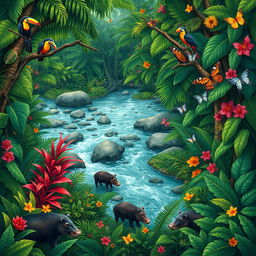 A book cover illustration depicting a lush Colombian jungle scene, featuring vibrant tropical biodiversity