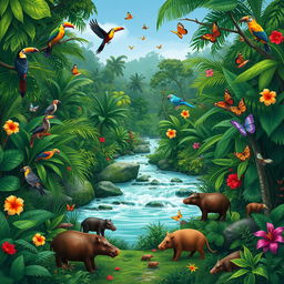 A book cover illustration depicting a lush Colombian jungle scene, featuring vibrant tropical biodiversity