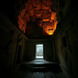 Inside an old Newari horror temple with ancient architectural design, showcasing intricate carvings and traditional elements