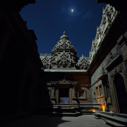 Inside an old Newari horror temple with ancient architectural design, showcasing intricate carvings and traditional elements