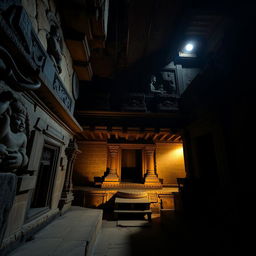 Inside an old Newari horror temple with ancient architectural design, showcasing intricate carvings and traditional elements