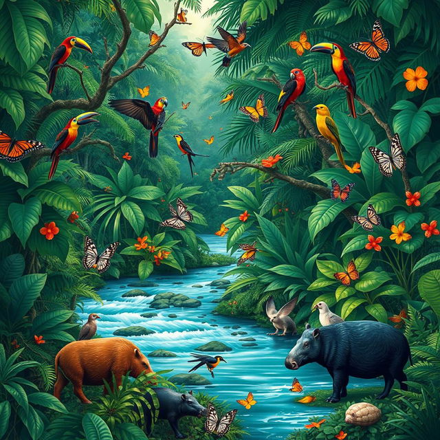 A book cover illustration depicting a lush Colombian jungle scene, featuring vibrant tropical biodiversity