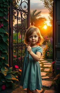 A young girl with a curious expression holding a vintage key in her hand, standing before an ancient, ornate metal gate partially covered with ivy and flowers