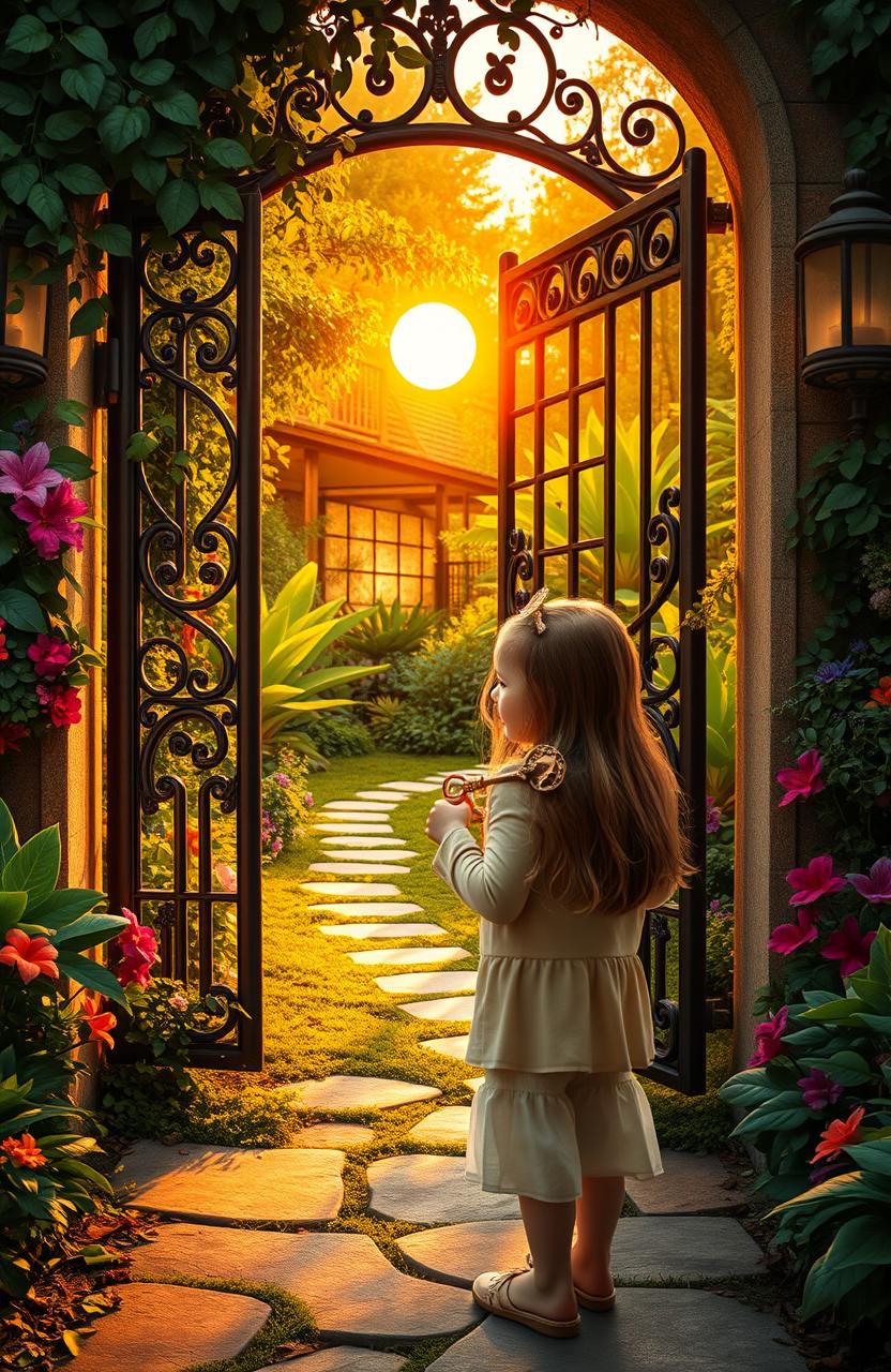 A young girl with a curious expression holding a vintage key in her hand, standing before an ancient, ornate metal gate partially covered with ivy and flowers