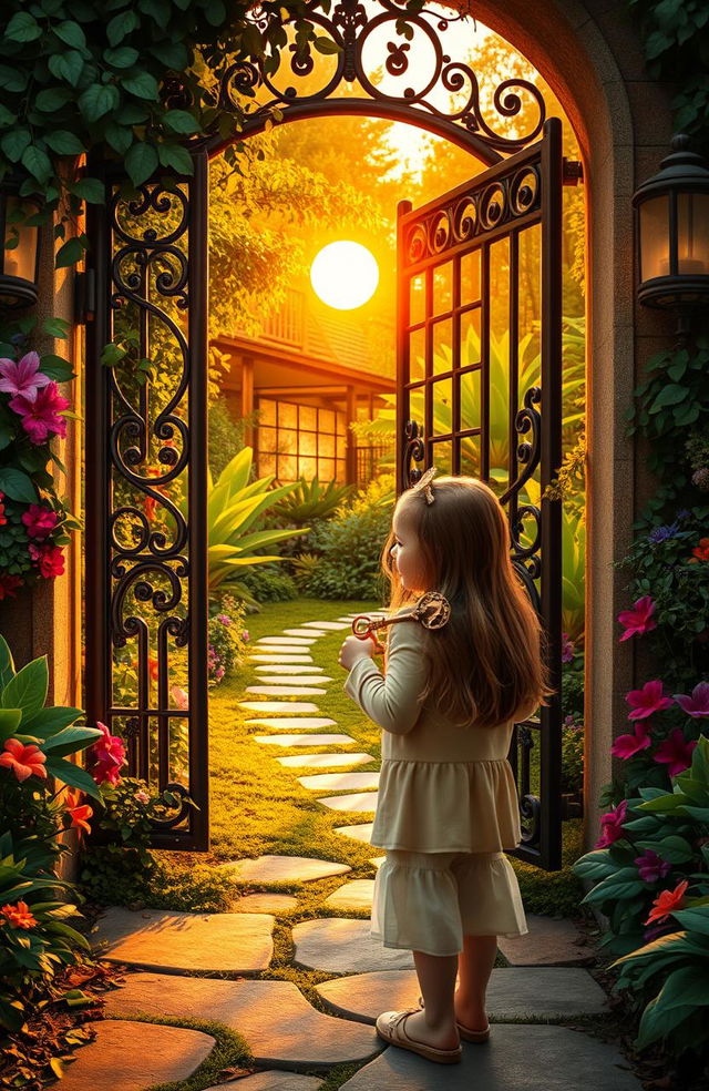 A young girl with a curious expression holding a vintage key in her hand, standing before an ancient, ornate metal gate partially covered with ivy and flowers