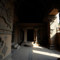 Inside an old Newari horror temple with ancient architectural design, showcasing intricate carvings and traditional elements