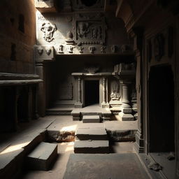 Inside an old Newari horror temple with ancient architectural design, showcasing intricate carvings and traditional elements