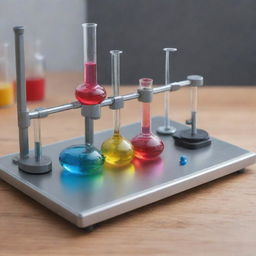 Create an animated scene of a scientific experiment involving magnets. The setting is a gleaming laboratory with glass equipment and colorful liquids. Magnets are interacting, attracting and repelling different metallic objects.