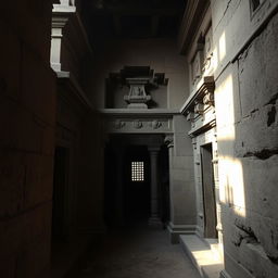 Inside an old Newari horror temple with ancient architectural design, showcasing intricate carvings and traditional elements