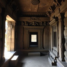 Inside an old Newari horror temple with ancient architectural design, showcasing intricate carvings and traditional elements