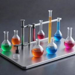 Create an animated scene of a scientific experiment involving magnets. The setting is a gleaming laboratory with glass equipment and colorful liquids. Magnets are interacting, attracting and repelling different metallic objects.