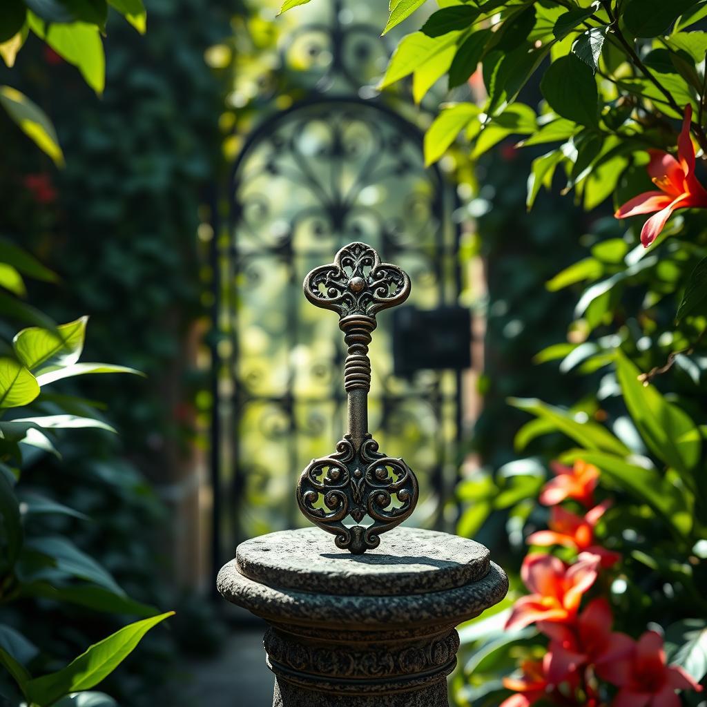 A mystical vintage key with intricate designs, gleaming softly in the dappled sunlight as it rests upon a stone pedestal