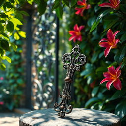 A mystical vintage key with intricate designs, gleaming softly in the dappled sunlight as it rests upon a stone pedestal