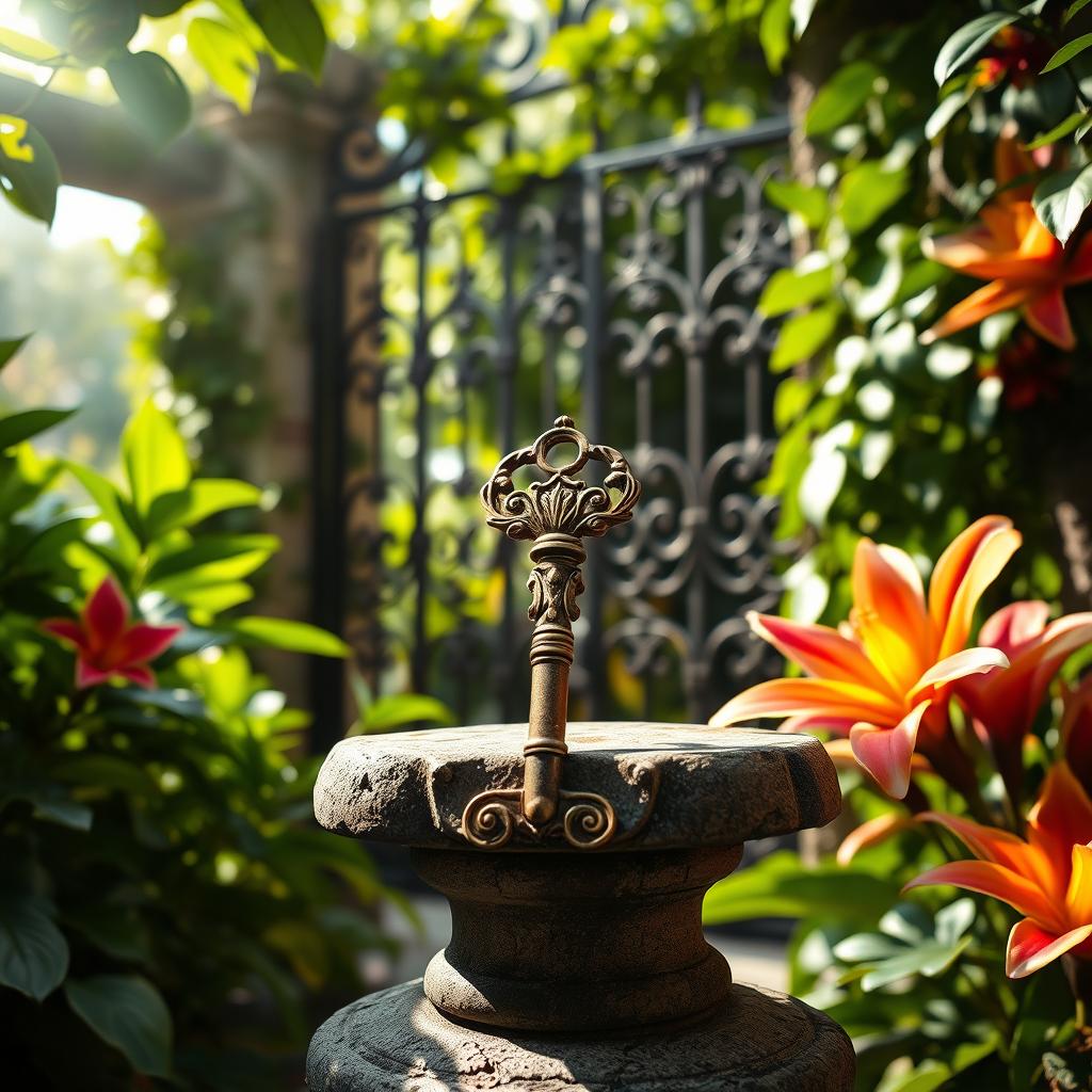 A mystical vintage key with intricate designs, gleaming softly in the dappled sunlight as it rests upon a stone pedestal