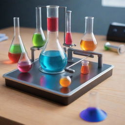 Create an animated scene of a scientific experiment involving magnets. The setting is a gleaming laboratory with glass equipment and colorful liquids. Magnets are interacting, attracting and repelling different metallic objects.